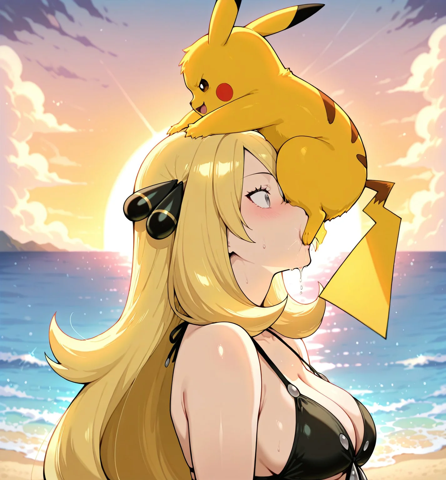 masterpiece, best quality, newest, absurdres, highres, detailed eyes, beautiful, detailed background, perfect eyes, anime coloring, anime screencap,
<lora:Small_Dom_Big_Sub:1>SDBS_V1,
1girl,hetero,
1monster nude,head grab,
(face humping), Hold head,
standing, bikini,
ocean,
pokemon,pikachu, pokephilia,
cynthia \(pokemon\),