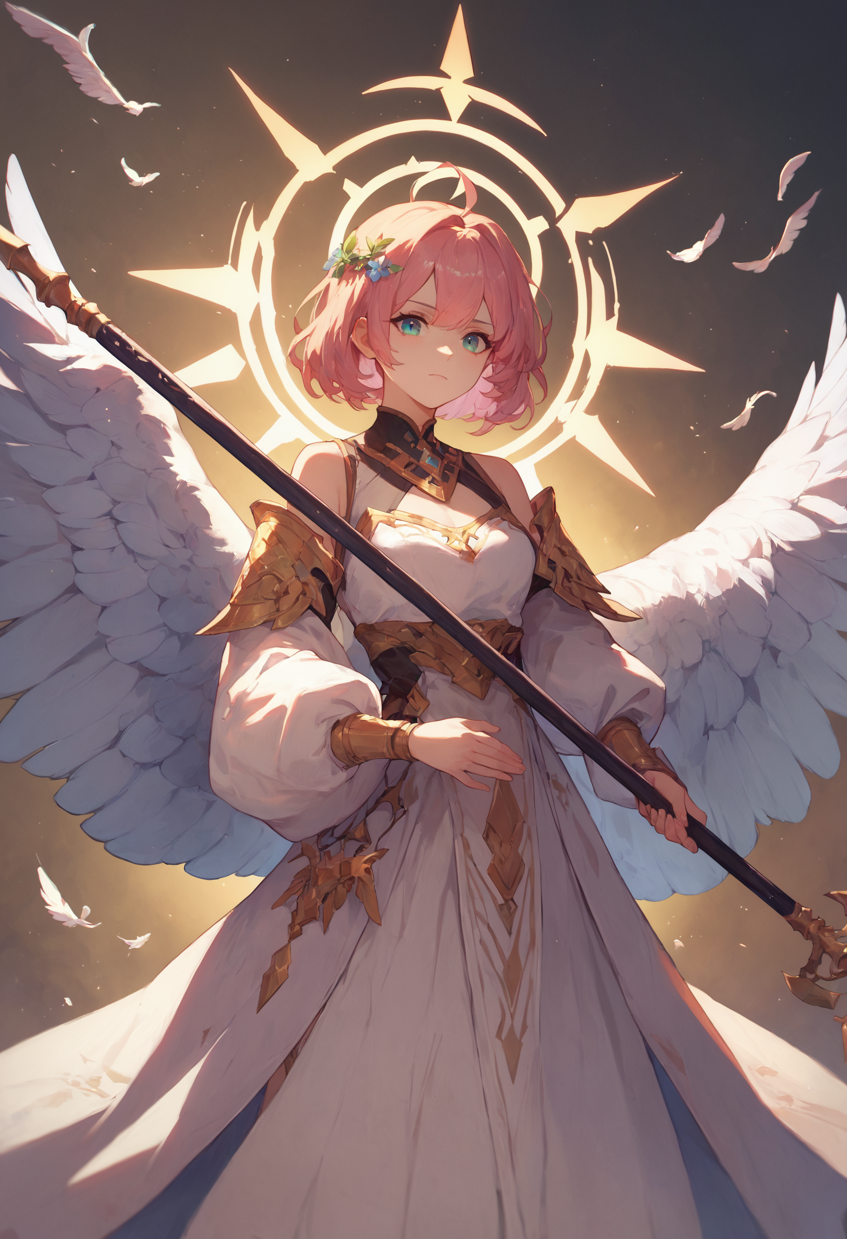 score_9, score_8_up, score_7_up, 1girl holding polearm, halo, feathered wings
<lora:holding_polearm_from_behind_pose_final:1>