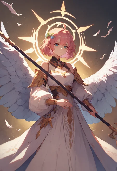 score_9, score_8_up, score_7_up, 1girl holding polearm, halo, feathered wings
<lora:holding_polearm_from_behind_pose_final:1>