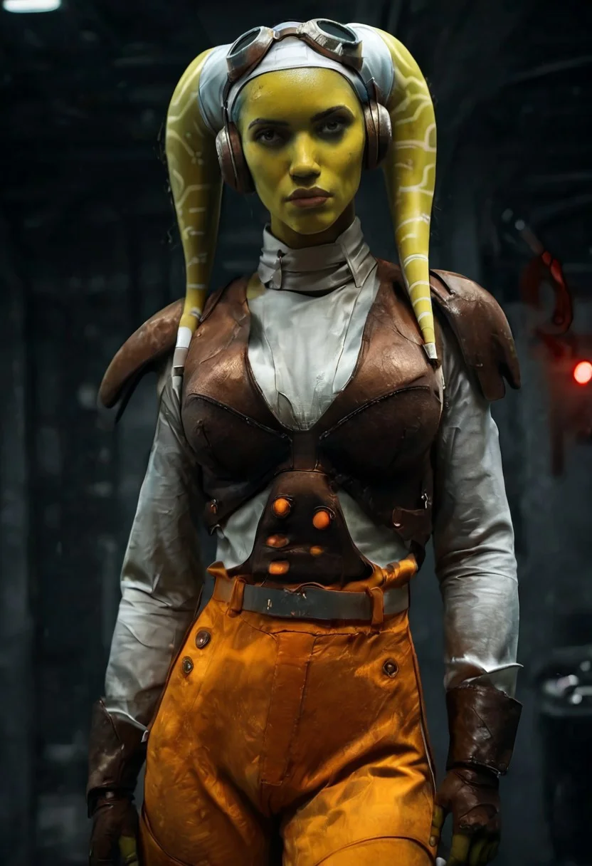 score_9, score_8_up, score_7_up, score_6_up, close shot, photo, realistic face, pretty face, 1girl, hera syndulla, (green skin:1.3), belt, boots, brown gloves, orange pants, vest, large breasts, hand on hip, holding gun, ExpresHGothicNeonIncase, star wars