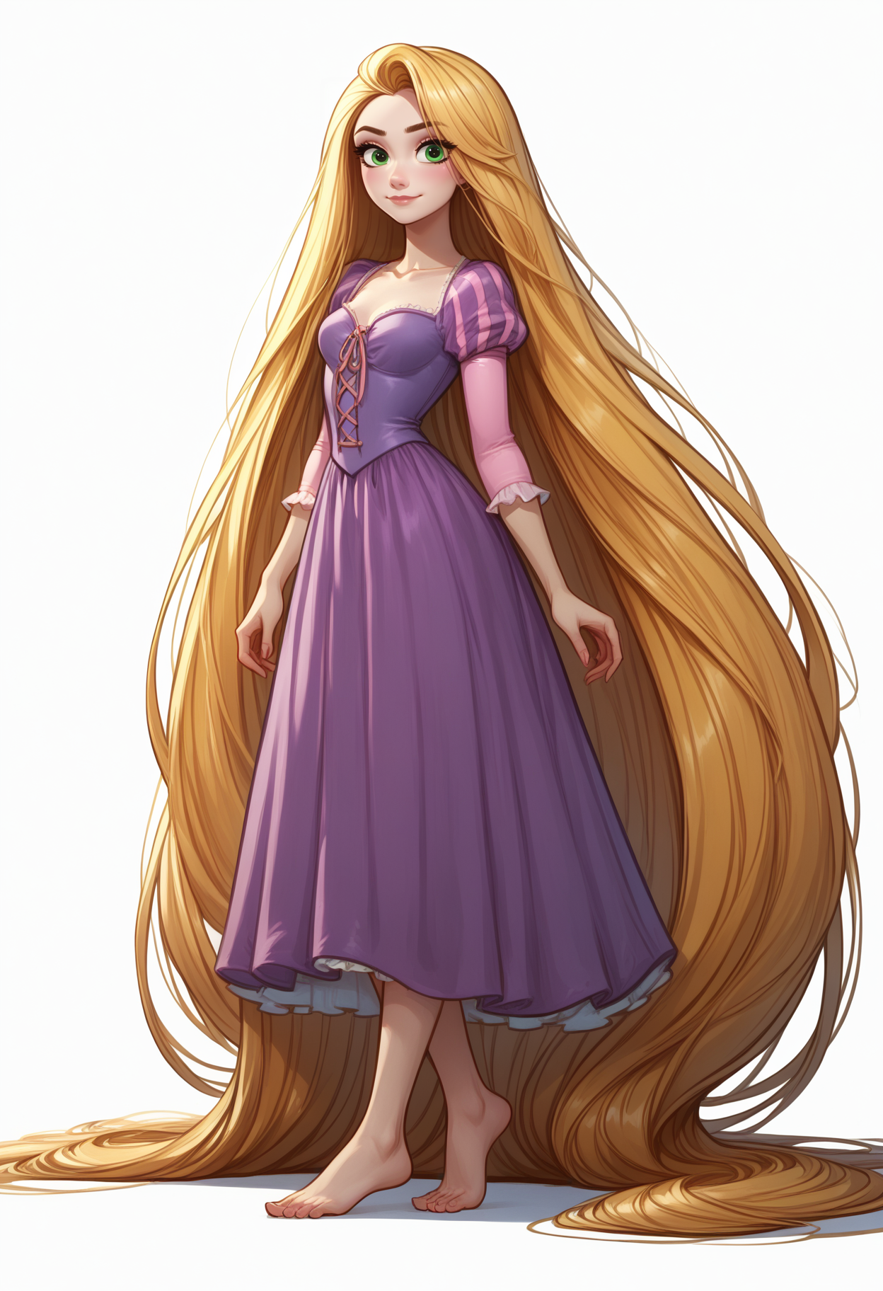 score_9_up, score_8_up, score_7_up, RapunzelWaifu, purple dress, puffy sleeves, blonde, green eyes, absurdly long hair, standing, , legs, feet, simple background, <lora:FloorLengthHair:0.7>, <lora:RapunzelPonyXL_character:0.8>
