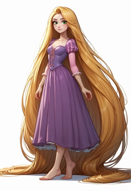 score_9_up, score_8_up, score_7_up, RapunzelWaifu, purple dress, puffy sleeves, blonde, green eyes, absurdly long hair, standing, , legs, feet, simple background, <lora:FloorLengthHair:0.7>, <lora:RapunzelPonyXL_character:0.8>