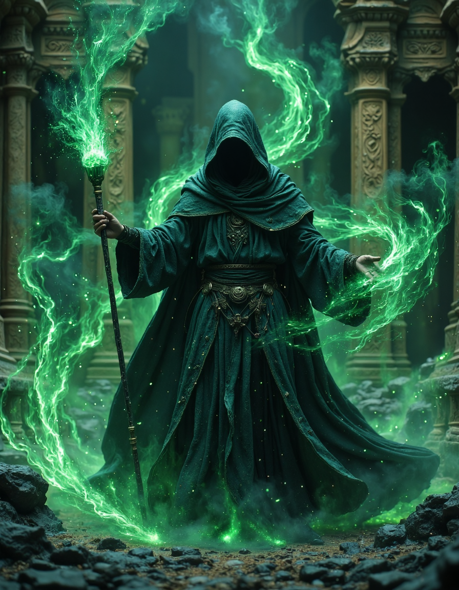 highly detailed cinematic scene, Dark, hooded figure detailed robe, wielding glowing green staff, centered in frame, facing forward, powerful magical energy green aura, dark mystical background with swirling green flames, ancient runes, and ruined temple elements detailed architecture, deep teal and black color palette, high contrast lighting, dramatic, fantasy, 8k resolution, shallow depth of field, vignette, highly detailed, bokeh, moody, epic, gorgeous, film grain, grainy, HKMagic, <lora:FantasyWizardWitchesFluxV2-000001:1>, <lora:Elden_Ring_-_Yoshitaka_Amano:0.4>, <lora:fluxenhancer:0.4>