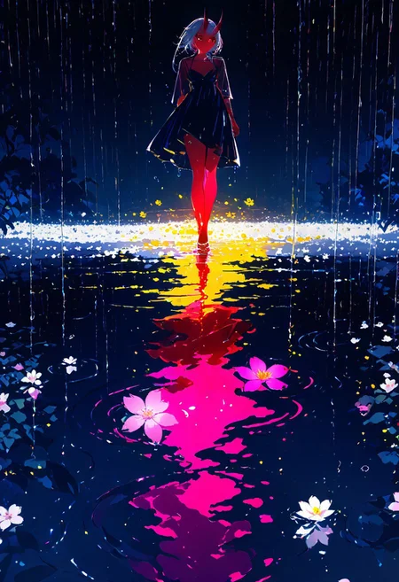 masterpiece, best quality, good quality, very awa, newest, highres, absurdres, uncensored, 
Good quality, newest,1girl, 
BREAK
detailed background, eyelashes, erotic, looking seductive, coy. dynamic action image, detailed face, detailed eyes, direct mesmerizing gaze, 
BREAK
(sexy, slutty, hot, aroused), 
Aka-Oni, oni, colored skin, red skin, smooth horns, black horns
BREAK
flirting:2.0, flower, (artist:John_kafka)
BREAK
 solo, dress, standing, flower, outdoors, water, white flower, pink flower, scenery, reflection, rain, dark, ripples, yellow flower, puddle, colorful, abstract, standing on liquidi¼ very Wide Shot, limited palette,, wet,