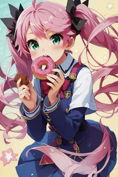 score_9,score_8_up,score_7_up,masterpiece,best quality,very aesthetic,absurdres,official art,official style,
1girl,doughnut,food,green eyes,solo,twintails,pink hair,long hair,open mouth,blush,looking at viewer,ahoge,school uniform,eating,hair ribbon,
<lora:Haga yui_XL_PONY:0.8>,