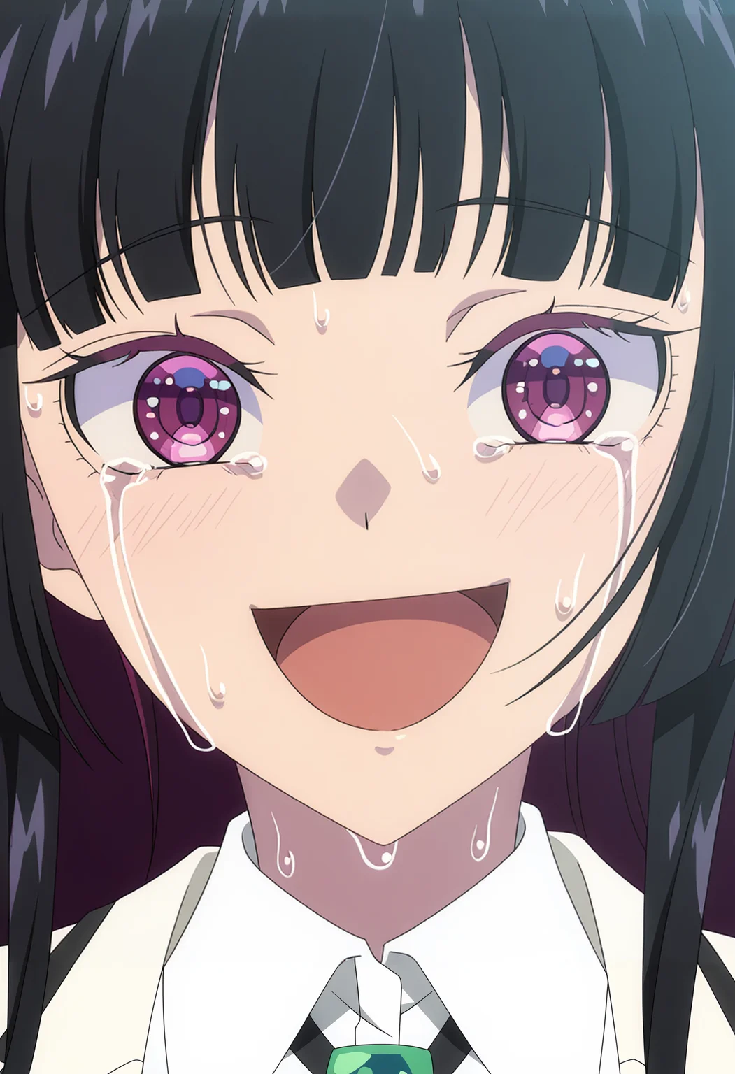 <lora:Kurogane Otoha_illustrious-000056:1>,
Kurogane Otoha, solo, open mouth, smile, portrait, sweat, :d, hime cut, tears, crying, shirt, anime coloring, looking at viewer, crying with eyes open, collared shirt