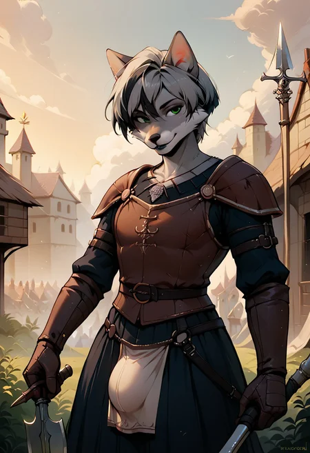 portrait, score_9, score_8_up, score_7 _up, score_6_up, score_5_up, score_4_up, urta, grey fur, fox, green eyes, grey hair, short hair, black highlights, black lips, smile, medieval leather armor, clothed, loincloth, holding halberd, bulge, huge bulge