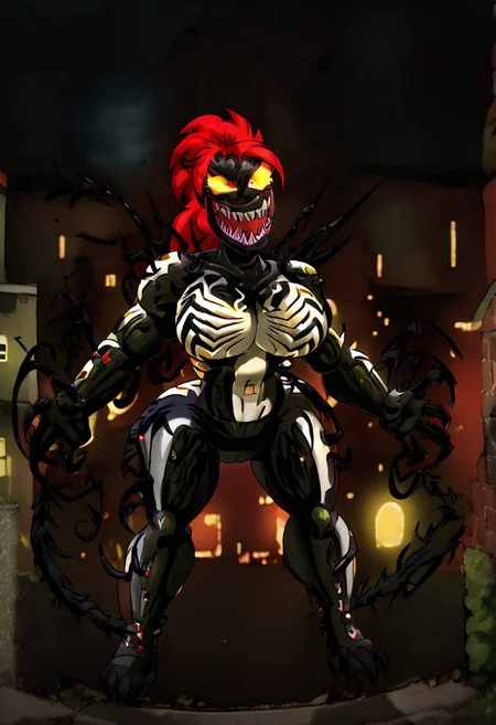 demencia, red hair, green ponytail, yellow eyes, sharp teeth, smile, eyeshadow, tongue out, ((score_9, score_8_up, score_7_up, best quality, masterpiece, smooth shading, by joaoppereiraus, joao, solo full body)), (((city, roof, night, moon, easynegative, high view))), ((female, red eyelashes, claws)), ((veins, venom, symbiote, fusion, hybrid:1.50)), ((laughing, posing, standing))