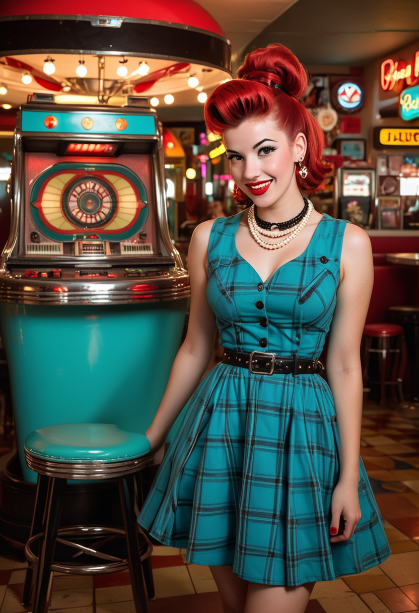 (medium full shot) of (iconic rockabilly) young woman, slim build, long red bun hair, french, tan skin, hazel eyes, wearing a teal checkered dress , vintage sneakers, black mascara, leather belt pearl necklace, set in  a vibrant jukebox setting, with bold colors, retro furniture, lively crowd, modern lighting, and dynamic decorations, woman smiling, ,Masterpiece,best quality, raw photo, realistic, very aesthetic, dark