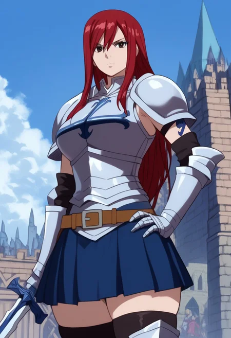 (score_9, score_8_up, score_7_up, high quality, best quality, ultra-detailed, very aesthetic, illustration, perfect composition, intricate details, absurdres, high res image, masterpiece, vibrant colors, beautiful face, detailed face, 1girl, solo focus, perfect eyes, detailed eyes), erza scarlet, Erza_Scarlet, long hair, red hair, hair between eyes, brown eyes, pale skin, thighs, perfect body, voluptuous, large breasts, curvy body, narrow-waisted, wide hips, (skirt, thighhighs, boots, belt, sword, armor, gauntlets, armored boots, greaves, knight), (neutral face, hand on hip), (fantasy, outdoors, castle)
