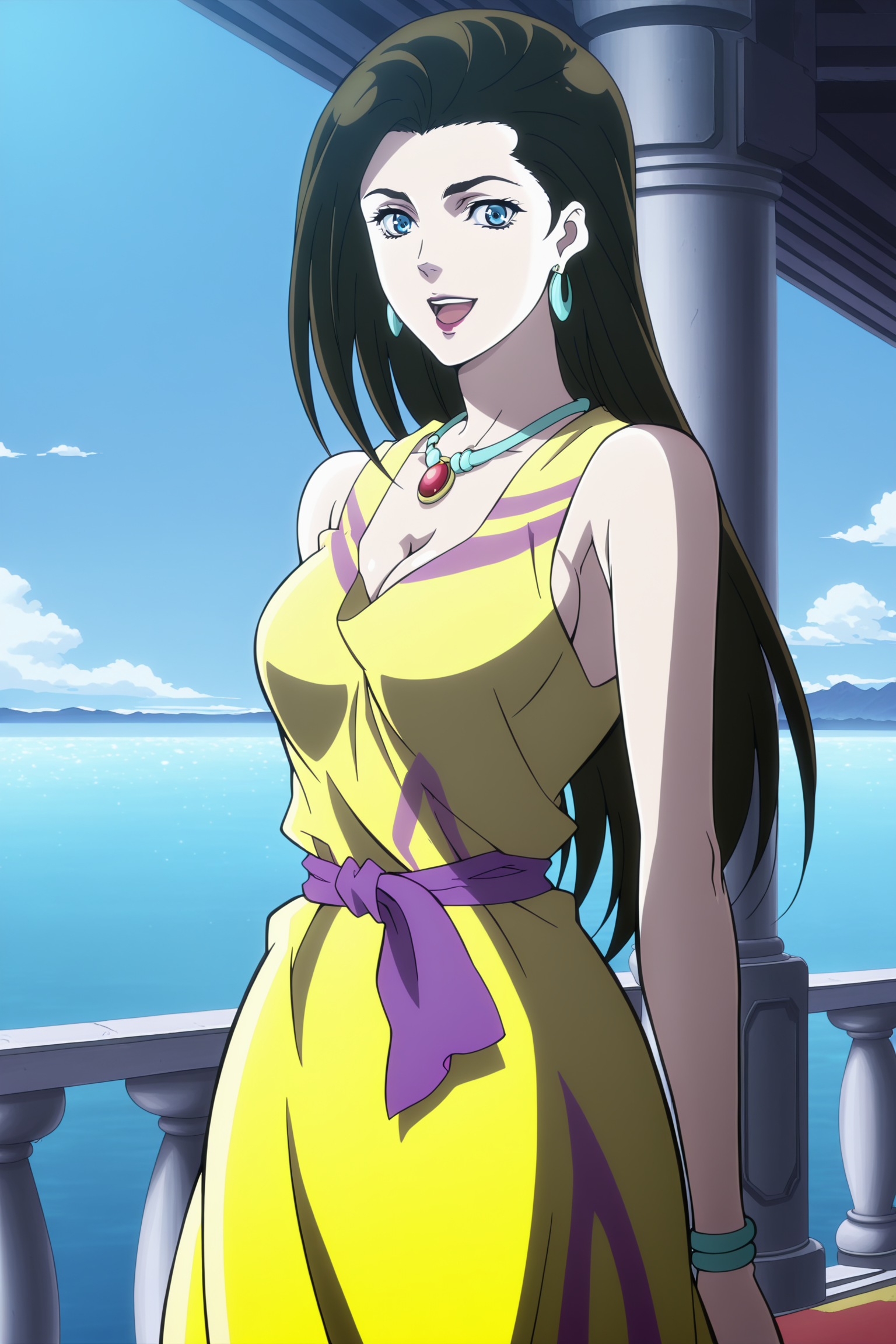 anime screencap, anime coloring, detailed face, masterpiece, best quality, very aesthetic, absurdres, volumetric lighting, official style, amazing quality, ultra detailed,  highres, amazing quality, scenery, beautiful detailed hair, beautiful detailed eyes,
 <lora:JoJos_Bizarre_Adventure_Battle_Tendency_JoJos_Bizarre_Adventure_Battle_Tendency_-_11_Outfits:1>
Outfit 3 Yellow Dress, Lisa Lisa (character), 1girl, jewelry, solo, earrings, dress, blue eyes, black hair, breasts, anime coloring, cleavage, necklace, long hair, sky, ocean, dark brown hair, looking at the viewer, :D, cowboy shot