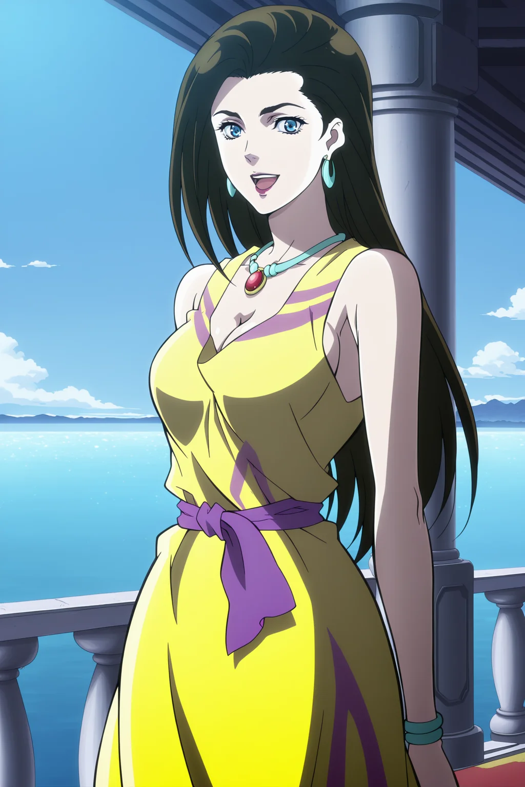 anime screencap, anime coloring, detailed face, masterpiece, best quality, very aesthetic, absurdres, volumetric lighting, official style, amazing quality, ultra detailed, highres, amazing quality, scenery, beautiful detailed hair, beautiful detailed eyes,
<lora:JoJos_Bizarre_Adventure_Battle_Tendency_JoJos_Bizarre_Adventure_Battle_Tendency_-_11_Outfits:1>
Outfit 3 Yellow Dress, Lisa Lisa (character), 1girl, jewelry, solo, earrings, dress, blue eyes, black hair, breasts, anime coloring, cleavage, necklace, long hair, sky, ocean, dark brown hair, looking at the viewer, :D, cowboy shot
