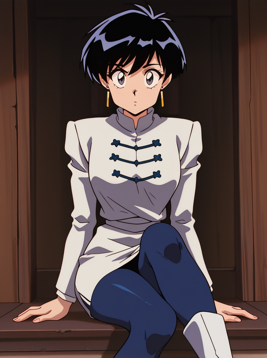masterpiece, best quality, amazing quality, very aesthetic, absurdres, newest, looking at viewer anime screenshot,  anime coloring, <lora:MerylStryfe:1>merylstryfe, 1girl, solo, black hair, jewelry, earrings, short hair, female focus, retro artstyle, long sleeves, black eyes blue pantyhose,  sitting white_boots
