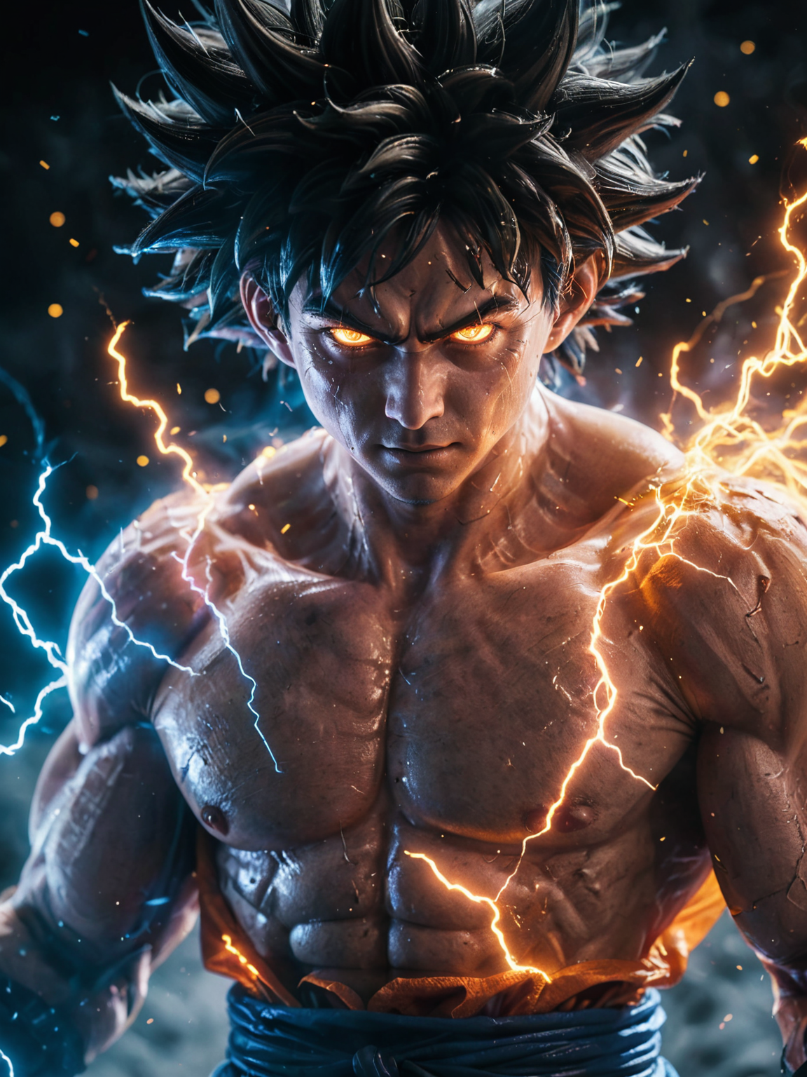glowneon, photo of glowing Ultra Instinct Son Goku emitting sparks and electricity, dark white, glowing eyes, cinematic film still <lora:glowneon_xl_v1:1> <lora:add-detail-xl:0.8>
