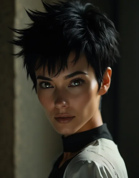 A mysterious portrait of a woman with short, spiky black hair, her angular face half-hidden in shadows, her dark eyes filled with secrets, her lips slightly curved in a knowing, enigmatic smile. <lora:usual-portrait-v2:1>