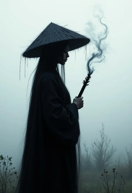 A masterpiece of artistic expression, this highly detailed and beautifully stylized scene features a mysterious 1girl clad in a black robe and traditional rice hat, embodying a moody samurai aesthetic. She stands in a foggy, rain-soaked landscape, her silhouette a shadowy figure against a minimalist, high-contrast backdrop. In her hand, she holds a black smoky sword of darkness, its form swirling with ethereal energy and flowing script. The cinematic composition is elevated by dramatic lighting and abstract Vantablack tones, lending an expressive, otherworldly atmosphere. Her face, delicate and beautiful, adds a haunting serenity to the scene. The entire piece radiates a quiet power and deep emotional resonance, blending samurai tradition with avant-garde minimalism—an absurdres visual of pure artistic mastery.