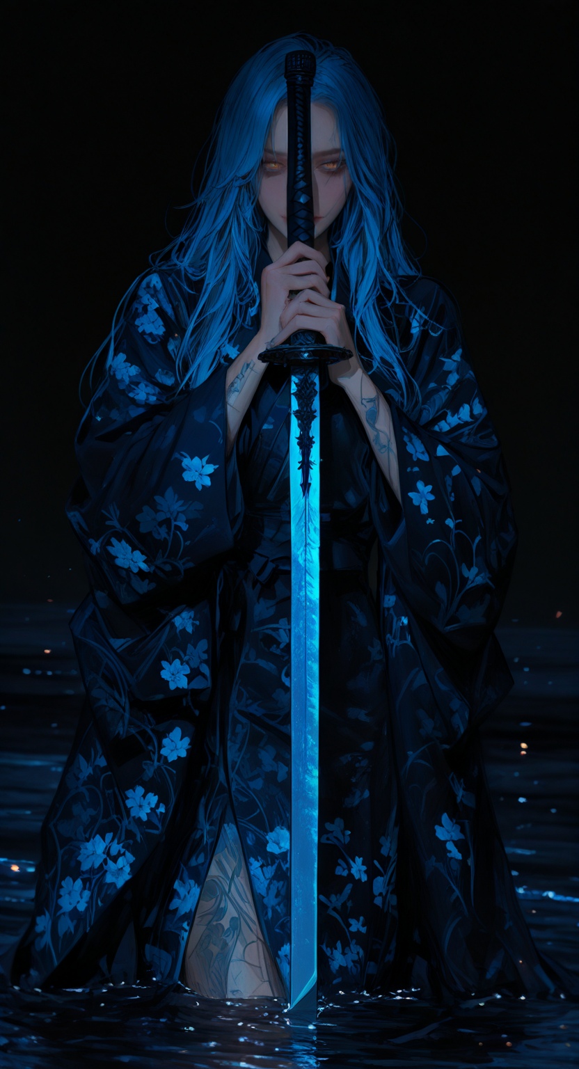 masterpiece,best quality, amazing quality, very aesthetic, absurdres, newest, highres, highly-detailed, year 2025,cosplay,intricate and beautiful,detailed light,  masterpiece, best quality, absurdres, highres ,amazing quality, very aesthetic, digital art style,  8k, 1girl, a exquisite ancient oriental beauty with long flowing blue hair adorned with flowers. She was wearing a traditional, elegant blue kimono with intricate floral patterns. She holds a samurai sword, which is partially immersed in the water, creating dynamic splashes and waves around her. The overall scene is vibrant and visually striking, with the dark background highlighting the bright colors of the characters and the flowing water. The characters' expressions are serene and focused, adding to the mysterious and tranquil atmosphere of the picture.,  cinematic photo,cinematic_angle,perfect eyes,detailed eyes,perfect face, detail small face,fine fabric detail,correct anatomy, perfect hands, manicure, sharp focus,(sexy:1.05),(detail background:0.8),  embedding:Smooth_Quality,  embedding:SmoothNoob_Quality,   <lora:None:1.0> <lora:aidmaImageUpgrader-v0.3-ILç»èæå:0.45> <lora:ç°å®ä¸»ä¹æ»åILXL_Realism_Slider_V.1:3> <lora:ç»ªå¿_åæ¶æå¾åå½±è´¨æå¢å¼ºV3:0.7>