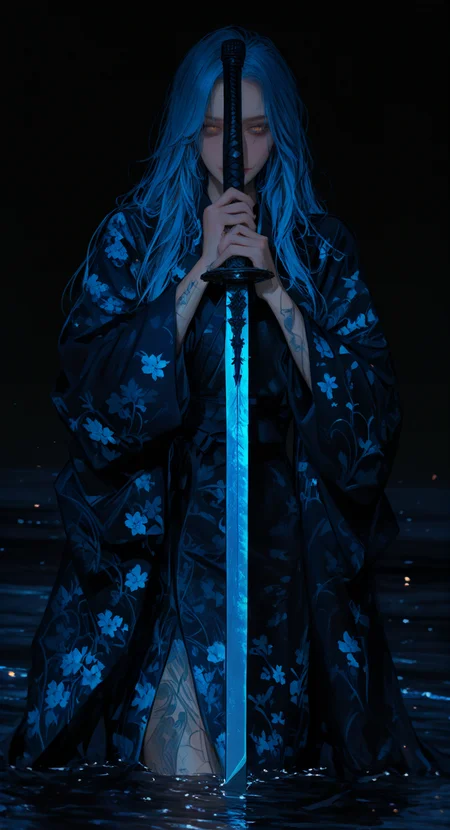 masterpiece,best quality, amazing quality, very aesthetic, absurdres, newest, highres, highly-detailed, year 2025,cosplay,intricate and beautiful,detailed light,  masterpiece, best quality, absurdres, highres ,amazing quality, very aesthetic, digital art style,  8k, 1girl, a exquisite ancient oriental beauty with long flowing blue hair adorned with flowers. She was wearing a traditional, elegant blue kimono with intricate floral patterns. She holds a samurai sword, which is partially immersed in the water, creating dynamic splashes and waves around her. The overall scene is vibrant and visually striking, with the dark background highlighting the bright colors of the characters and the flowing water. The characters' expressions are serene and focused, adding to the mysterious and tranquil atmosphere of the picture.,  cinematic photo,cinematic_angle,perfect eyes,detailed eyes,perfect face, detail small face,fine fabric detail,correct anatomy, perfect hands, manicure, sharp focus,(sexy:1.05),(detail background:0.8),  embedding:Smooth_Quality,  embedding:SmoothNoob_Quality,   <lora:None:1.0> <lora:aidmaImageUpgrader-v0.3-ILç»èæå:0.45> <lora:ç°å®ä¸»ä¹æ»åILXL_Realism_Slider_V.1:3> <lora:ç»ªå¿_åæ¶æå¾åå½±è´¨æå¢å¼ºV3:0.7>
