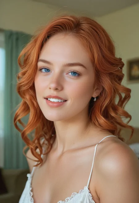score_9, score_8_up, score_7_up, score_6_up, source_photo, consistent_character, most_beautiful_young_woman, 20 year old, ginger hair, loose wavy hair, blue eyes, parted lips, white and straight teeth