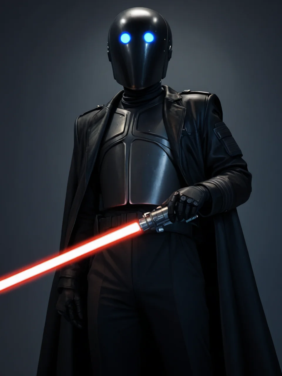 score_9, score_8_up, score_7_up, score_6_up, BREAK, Isaacrobot, blue eyes, helmet, glowing eyes, black leather jacket, red lightsaber <lora:Isaac:0.6>