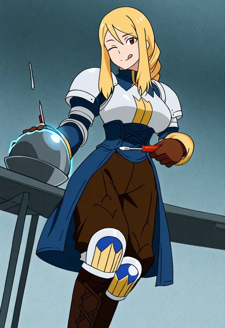 ((fftag, blonde hair, braided ponytail, sidelocks, long hair, brown eyes, large breasts, armor, shoulder armor, blue dress, blue corset, elbow pads, long sleeves, brown pants, brown gloves, knee pads, brown boots):1.3),
(1girl, solo, mouth, looking at viewer, dojikko pose, one eye closed, tongue out),
((demon_core, meme_demon_core, meme, single screwdriver, holding screwdriver, screwdriver inside demon_core, blue light, blue radiation, demon_core on table, table):1.3),
(score_9, score_8_up, score_7_up, score_6_up, masterpiece, best quality, newest, amazing quality, highres, enhanced colors, colored shadows, smooth edges, dynamic angle, wide shot, blending, insanely detailed, very aesthetic, Anime screencap, anime coloring)