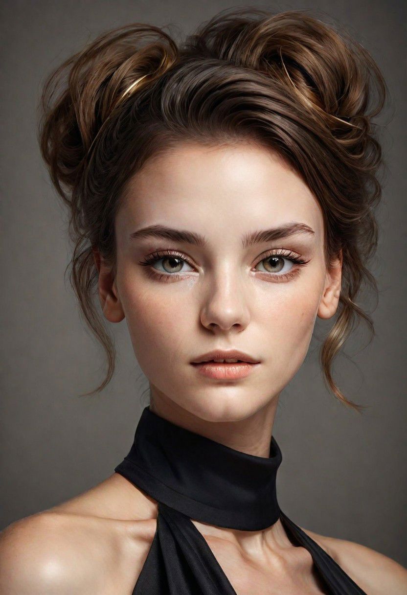 A detailed portrait of a young woman exuding elegance and natural grace. She has a voluminous updo hairstyle with wisps of hair tenderly framing her face. Her hazel eyes are accentuated by tasteful makeup, s. She wears a high-necked black top, suggesting a blend of casual refinement. The lighting should illuminate her face against a subdued background, emphasizing her calm and confident expression. High Fashion, dynamic, dramatic, elegant, High fashion supermodel, avant garde style
fFaceDetaile