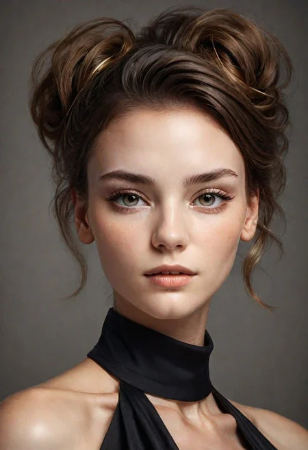 A detailed portrait of a young woman exuding elegance and natural grace. She has a voluminous updo hairstyle with wisps of hair tenderly framing her face. Her hazel eyes are accentuated by tasteful makeup, s. She wears a high-necked black top, suggesting a blend of casual refinement. The lighting should illuminate her face against a subdued background, emphasizing her calm and confident expression. High Fashion, dynamic, dramatic, elegant, High fashion supermodel, avant garde style
fFaceDetaile