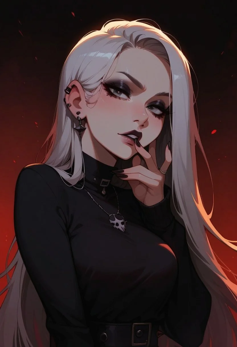 score_9, score_8_up, score_7_up, score_6_up, pretty woman, 21 year old, 1girl, very pale skin, white skin, goth girl, emo, eyeliner, eyeshadow, white hair, long hair, straight hair, black eyes, pretty face, long hair, pretty eyes, long sleeves, shirt, skirt, sexy pose