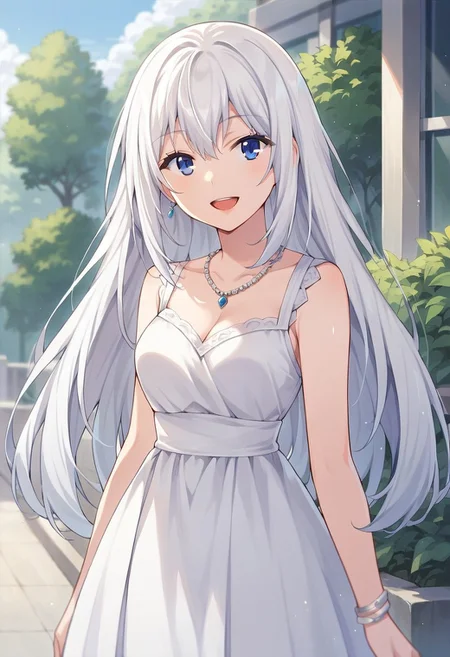 score_9, score_8_up, score_7_up, source_anime,masuzu natsukawa, blue eyes, white hair, long hair,1girl, solo, open mouth, jewelry, smile, dress, necklace,outdoors