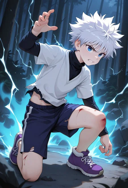 masterpiece, extremely detailed, best quality, amazing quality, very aesthetic, high resolution, ultra-detailed, absurdres, highres, newest, scenery, volumetric lighting, beitemian, 1boy, solo, male focus, uncensored, BREAK killua_zoldyck, white hair, blue eyes, hunter x hunter, turtleneck, layered sleeves, v neck, shirt, shorts, torn shirt, outdoors, full body, sweat, injury, scrape, nen_/(hunter_x_hunter/), aura, electricity, electrokinesis, angry, furious, fighting stance, sneakers, purple footwear,