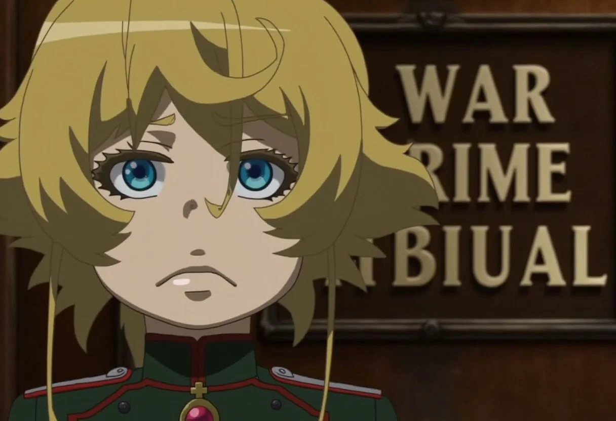 score_9,rating_safe,claymation,claymation animation of a smiling and innocent looking TanyaDegurechaff with blonde hair and blue eyes and a tunic and military hat being tried for war crimes in a court,big sign with the words "War Crime Tribunal" on the wall