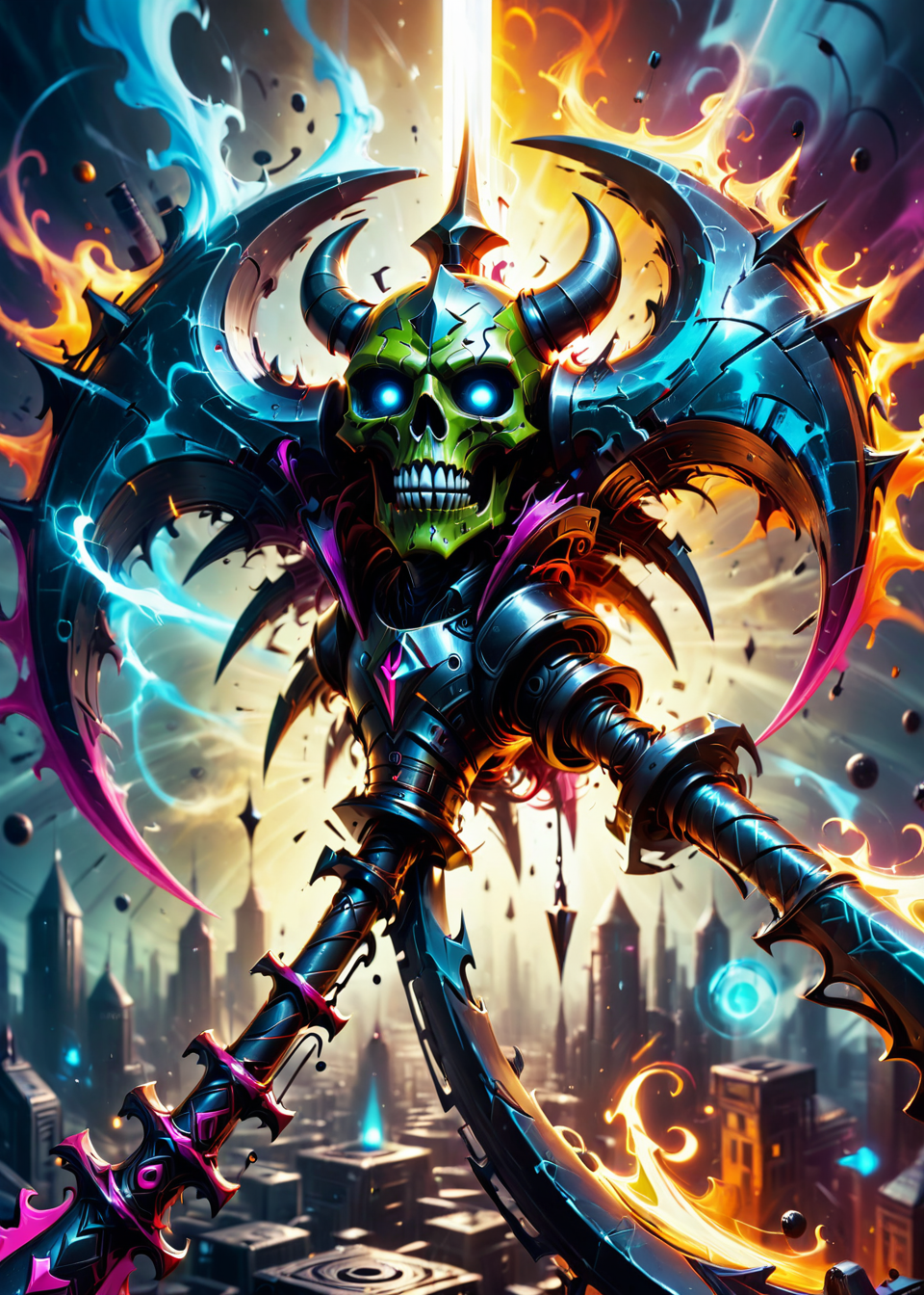 (axe:1.3), saturated kaleidoscopic (battleaxe:1.4) face in a post-apocalyptic environment at sundawn,  double, wide, highly detailed, sparks  <lora:battleaxev2:1.3>