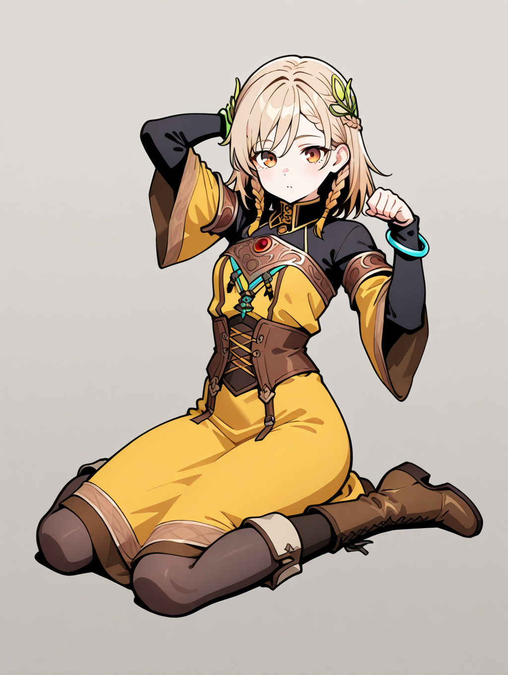 perfect quality,best quality,absolutely eye-catching,ambient occlusion,raytracing BREAK
1girl,<lora:rutea IL v1.2:0.8>,rutea,brown eyes,medium hair,braid,hair ornament,black shirt,yellow dress,wide sleeves,bracelet,boots,pantyhose,solo,long skirt,, front view,bust,prone_bone,paw_pose,arm_behind_head,wariza,