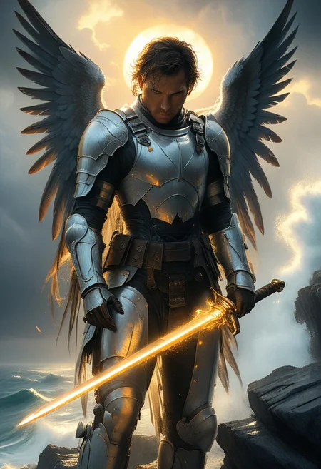 Guardian angel, clad in ancient armor, holding a gleaming sword, standing on the edge of a cliff overlooking a stormy sea, wings furled behind him in majestic grace, stern yet compassionate gaze towards the horizon, the first rays of dawn casting dramatic shadows, high contrast lighting, digital painting with a realistic texture focus, emphasizing details in the armor and feathers.