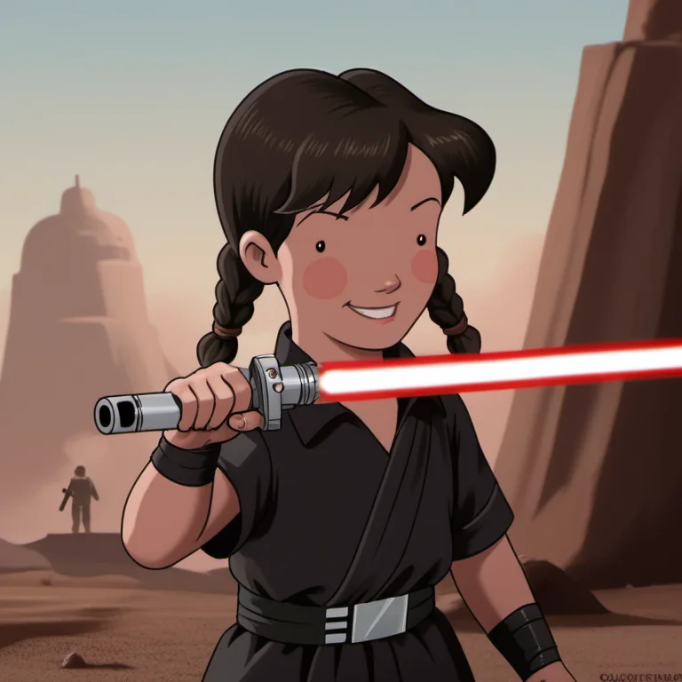 score_9, solo, 1girl, blgs3, detailed face, black dot eyes, brown hair, twin braids, twintails, blush stickers, smirk, parody, young, simple blurry background, Volumetric Lighting, <lora:blgs3-000011:1>, upper body, evil sith wearing dark tunic and black outer robes with pants, star wars, red lightsaber, laser sword, long sword, smoke, explosions, battlefield, scenery, <lora:Jedi_Youngling_Attire:0.4>,