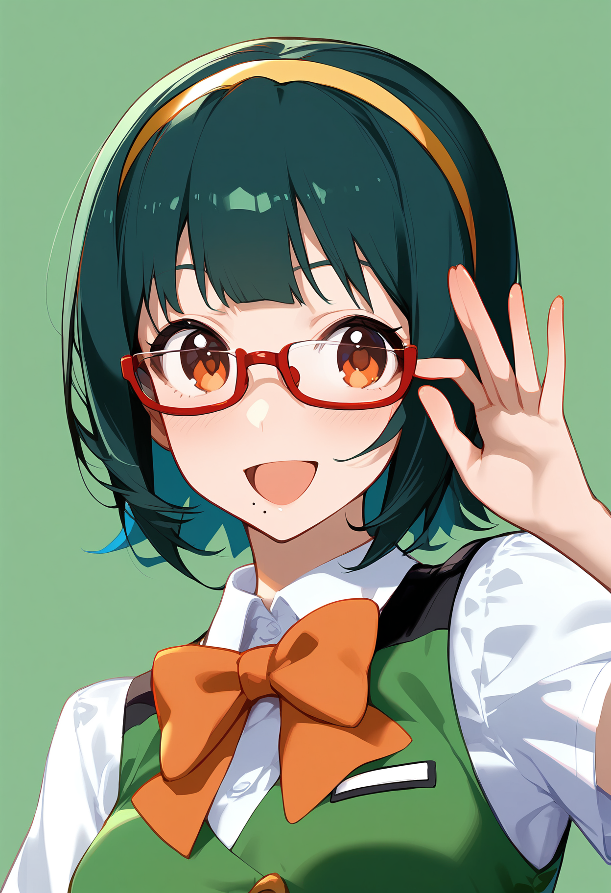 1girl,
otonashi kotori,


mole under mouth, solo, red-framed eyewear, medium breasts, white shirt, orange bowtie, under-rim eyewear, bespectacled, adjusting eyewear, bowtie, yellow hairband, green background, orange bow, blush, breasts, semi-rimless eyewear, short hair, collared shirt, looking at viewer, green hair, smile, hairband, hand up, mole, short sleeves, shirt, vest, orange eyes, yellow vest, bow, glasses, open mouth,

sfw
<lora:a31_char_new_otonashi_kotori-000022:1> <lora:a31_style_koni-000010:0.8>