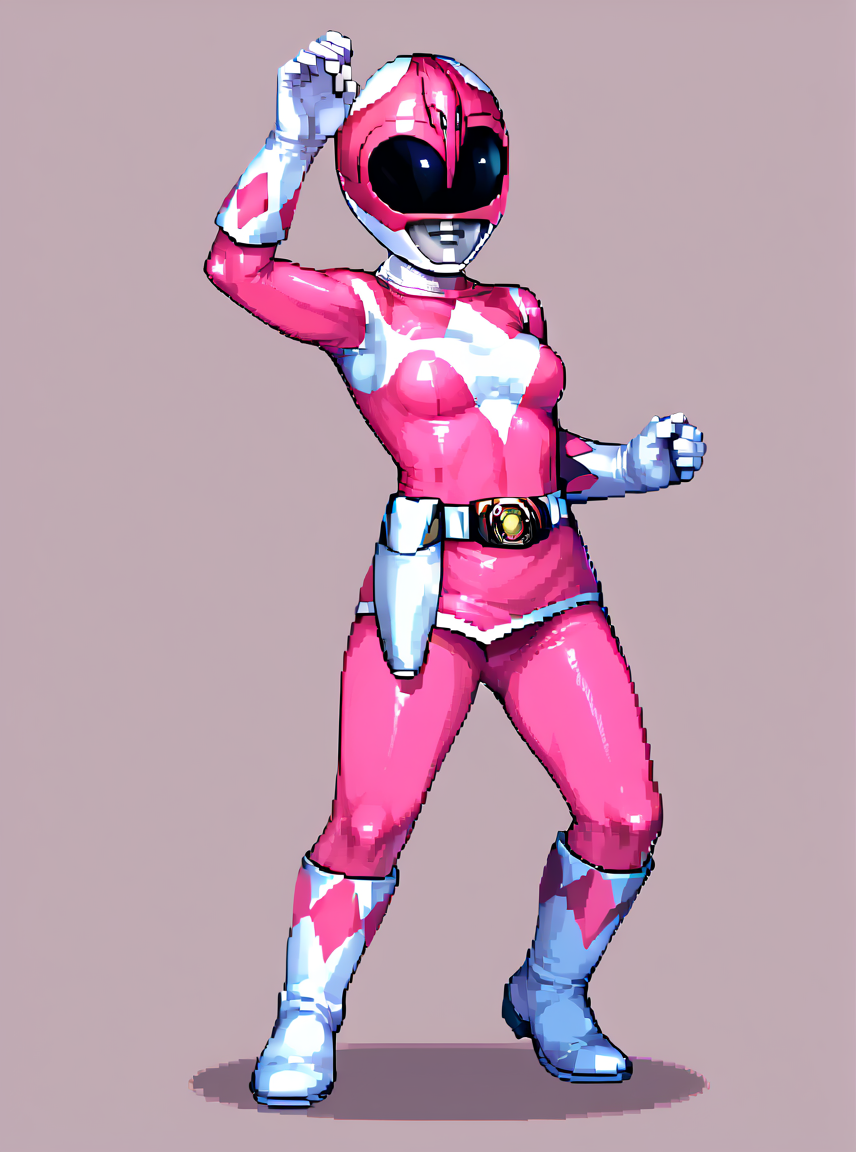 score_9, score_8_up, score_7_up, score_6_up,  BREAK
pink bodysuit, white gloves, pink power ranger, pink ranger helmet, 1girl, solo, medium breasts, tokusatsu, mighty morphin power rangers, simple background, full body, pixel art, 2d,  dynamic pose,
<lora:Pink_Ranger_MM:0.8> <lora:Pixel_Art_Pony:1>