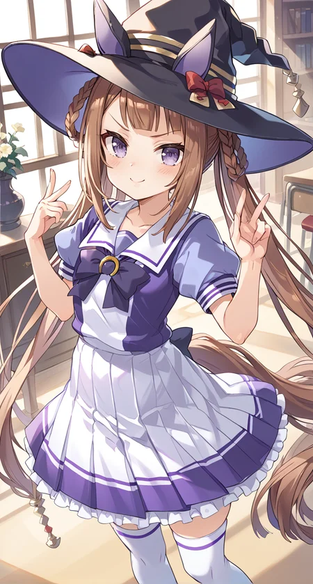 score_9,score_8_up,score_7_up,
official art,official style,game cg,megami magazine,
1girl,
swt school, sweep tosho (umamusume),
animal ears, blush, bow, bowtie, brown footwear, brown hair, hair rings,
hat, highres, horse ears, horse girl, horse tail, long hair, purple shirt,
sailor collar, shirt, shoes, short sleeves, skirt, tail, tail through clothes,
thigh-highs, twintails, violet eyes, white skirt, white thighhighs,
witch hat, ribbon, school uniform, tracen school uniform, collarbone,
horseshoe ornament, pleated skirt, puffy short sleeves, puffy sleeves,
purple bow, purple bowtie, purple serafuku, sailor shirt, serafuku,
hair ornament, frilled skirt, frills, v-shaped eyebrows, very long hair,
blunt bangs, braid, braided hair rings, purple eyes, thighhighs,
standing,
<lora:umamusume_sweep_tosho_pony_v1:1>,
