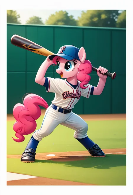 EnD_Niji_Sports, source_pony, PinkiePie playing baseball,  baseball cap, sportswear, white pants, baseball bat, baseball, baseball uniform, holding baseball bat, BREAK PonyXLV6_Scores
