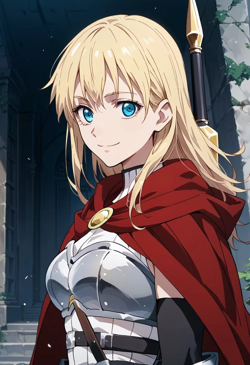 score_9,score_8_up,score_7_up,source_anime, Milly Yunis,1girl,solo,breasts,looking at viewer,smile,gloves,upper body,weapon,elbow gloves,sword,cape,armor,from side,genderswap \(mtf\),red cape,