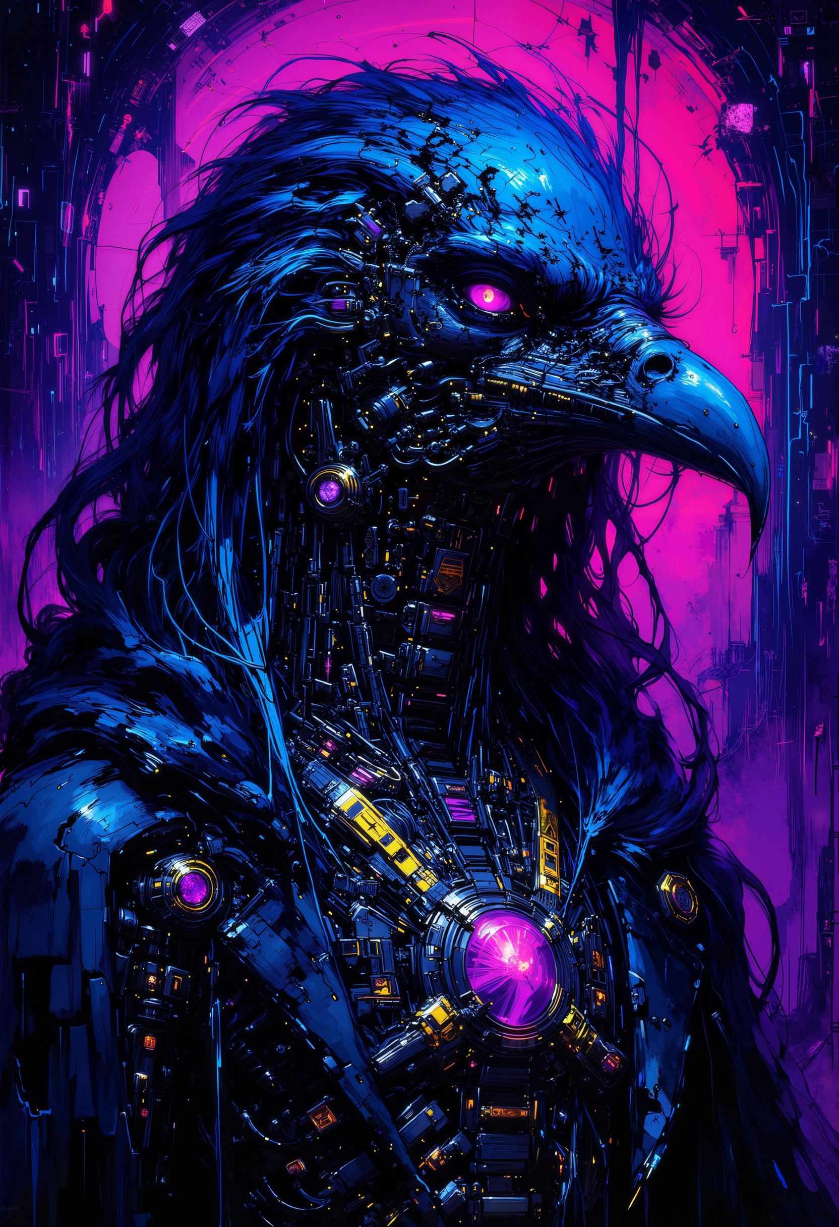 A fantastic bo-chromatic cyborg art splash in the style bo-cyborgsplash of, a digital illustration in a fantasy genre, showcasing a raven-like figure with a dark, almost regal appearance, the raven's head is prominently displayed, with a large, curved beak and piercing, glowing pink eyes, its feathers are dark blue, and its face is adorned with intricate, metallic details, giving it a mysterious and otherworldly look, the figure's attire is a dark cloak with a hood, which is also adorned with gold and purple accents, adding to its regal and mystical aura, the cloak is draped over a man's shoulders, and the man's chest is visible, adorned with numerous ornate, mechanical elements, including a skeleton-like structure and glowing purple gemstones, the background is a surreal, neon-lit scene with geometric shapes and a glowing purple light, creating a sense of depth and mystery, the overall color palette is dominated by deep blues, purples, and pinks, enhancing the ethereal and mystical atmosphere, the texture of the illustration is smooth and polished, typical of high-quality digital art, colorful art cyberpunk splash, high quality, ultra detailed.<lora:boFLUX Chromatic Abyss.safetensors:1.0:1.0> <lora:boFLUX Cyborgsplash.safetensors:1.0:1.0>