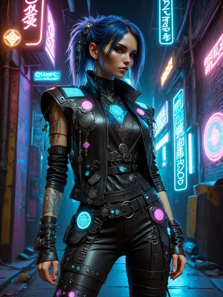 woman, cyberpunk, streetmage, vest with ornaments, leather pants, scrap with magic pattern, hologram, neon light, cyberpunk alley at night <lora:Cyberpunk_Techno-Mages_SDXL:0.8>, (masterpiece:1.2), best quality