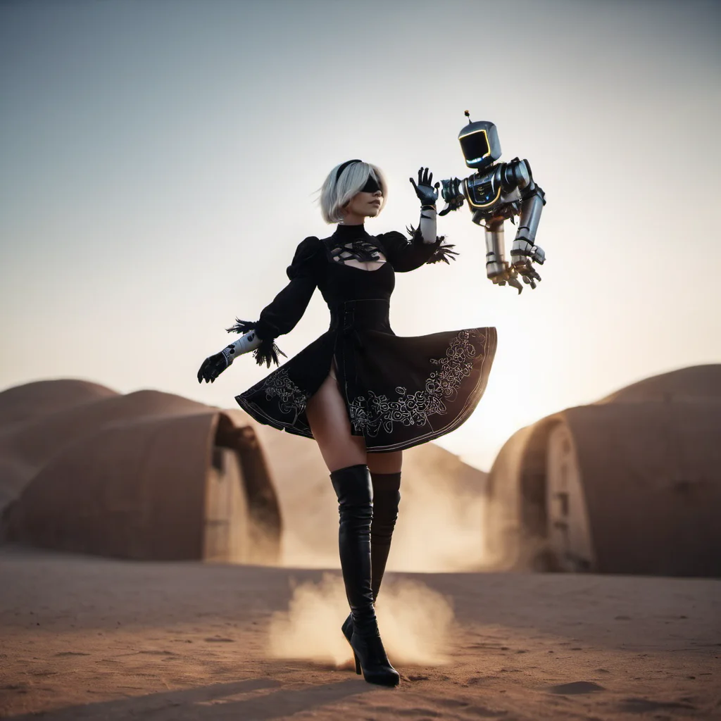 cinematic photo a woman in a black outfit with a robot hovering above her, (((desert background, dust, neon lights))) <lora:2B_Nier_Automata_1024:0.7> . 35mm photograph, film, bokeh, professional, 4k, highly detailed