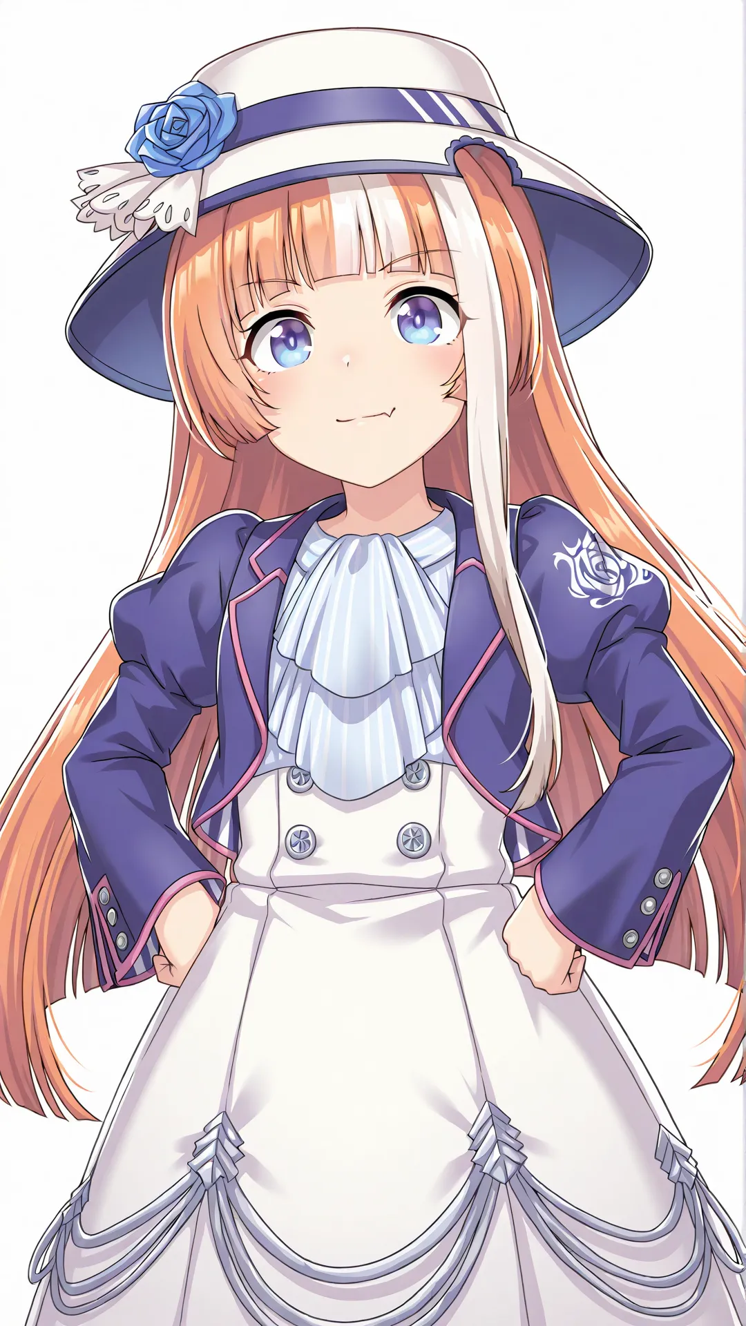 <lora:akikawa_yayoi:0.8>,akikawa yayoi \(umamusume\),bangs,blue eyes,brown hair,eyebrows visible through hair,long hair,very long hair,multicolored hair,streaked hair,white hair,hat,white hat,white bow,skin fang,long sleeves,dress,striped,blue rose,white dress,blue jacket,striped bowtie,simple background,cowboy shot,light smile,pose,