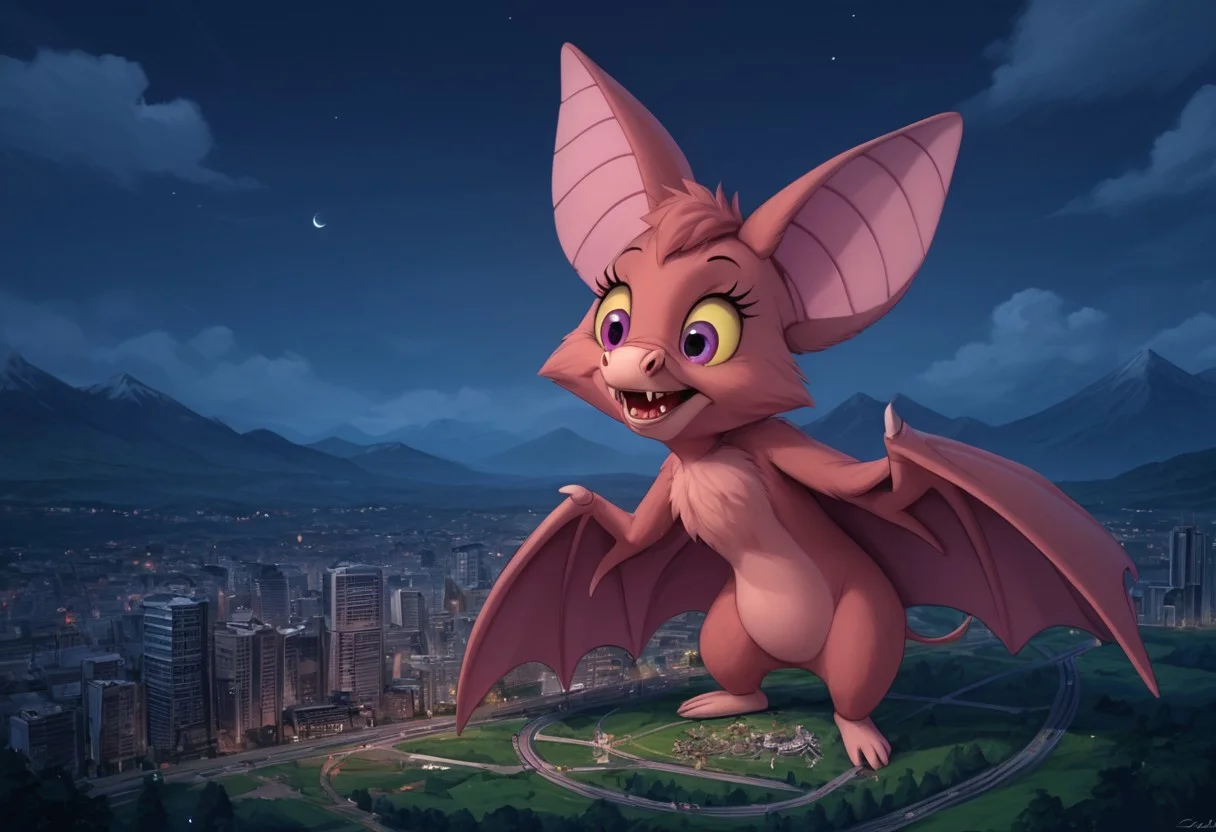 zPDXL2, score_9, score_8_up, score_7_up, highly detailed fur, score_6_up, Cartoon, detailed background, 4k, ultra detailed, (on the edge of a cliff in the mountains:1.4), night time, night, outdoors, hi_res, full body view, solo, 1girls, Foxglove bat, bat girl, bat, anthro bat, bat feet, bat tail, 4 toes on each foot, big bat ears, big bat wings, no hands, two large bat nostrils, 2 vampire fangs, fluffy, detailed fur, big eyes, yellow sclera, shiny purple iris, highly detailed, macro, giantess, cityscape