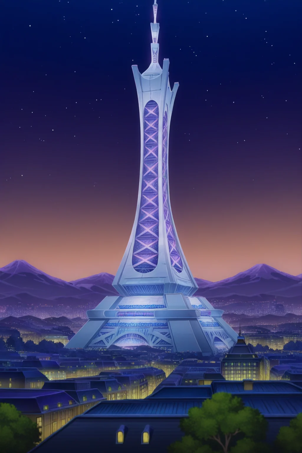 anime, animification, anime screencap, anime coloring, vivid colors, depth of field, high quality, highres, lumiose city, outdoors, ((sky)), tree, no humans, night, building, star, prism tower, tower, night sky, scenery, starry sky, mountain, city, cityscape, landscape, city lights
<lora:Lumiose_city-10:1>
