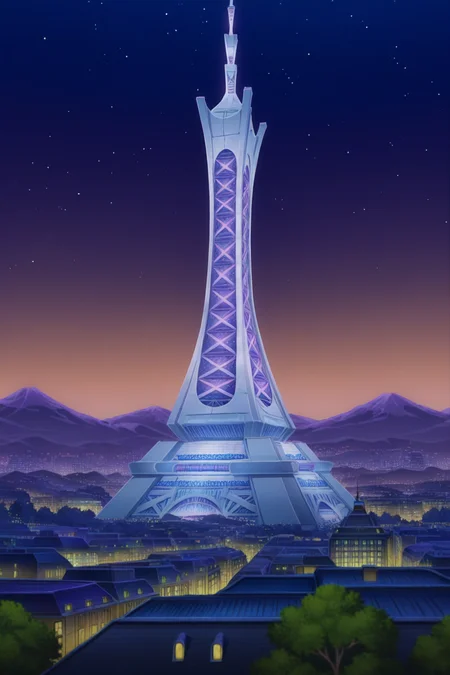 anime, animification, anime screencap, anime coloring, vivid colors, depth of field, high quality, highres, lumiose city, outdoors, ((sky)), tree, no humans, night, building, star, prism tower, tower, night sky, scenery, starry sky, mountain, city, cityscape, landscape, city lights
<lora:Lumiose_city-10:1>