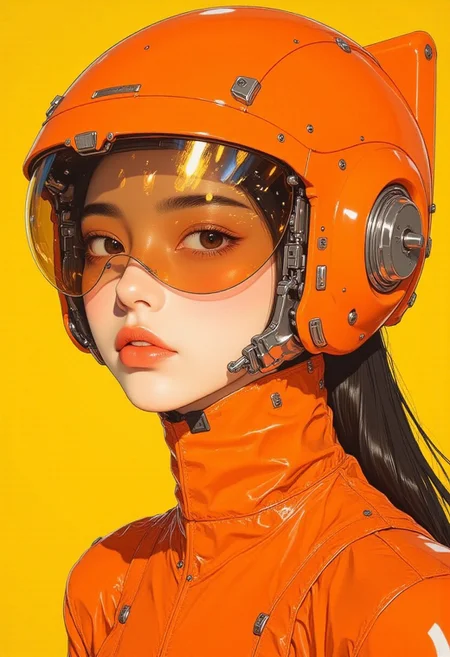 A highly detailed digital illustration in a futuristic, sci-fi style, featuring a close-up of a woman wearing an avant-garde metallic orange spacesuit with intricate, high-tech designs. The suit is sleek and glossy, its bold orange color dominating the composition while reflecting a subtle gold tint that adds depth and radiance. The design is avant-garde, with exaggerated, asymmetrical contours and sharp geometric patterns seamlessly integrated into the suit, showcasing a blend of functionality and futuristic fashion. Her helmet, an innovative masterpiece, features a large, transparent visor with a faint golden sheen that partially reveals her almond-shaped eyes, accentuated with minimalist makeup, and her softly pink lips. Her pale, smooth complexion has a gentle blush that contrasts beautifully with the warm hues of the suit and the surrounding environment. The background is a vibrant yellow, creating a striking contrast with the orange spacesuit, while a delicate gold tint permeates the entire frame, casting an ethereal glow that enhances the reflective textures of the suit. This composition masterfully combines cutting-edge design with bold, vivid color harmonies, capturing a serene yet powerful moment of futuristic elegance and artistic innovation. (pingtu style, illustration-fen, niji, gothic, erotic, anime)
