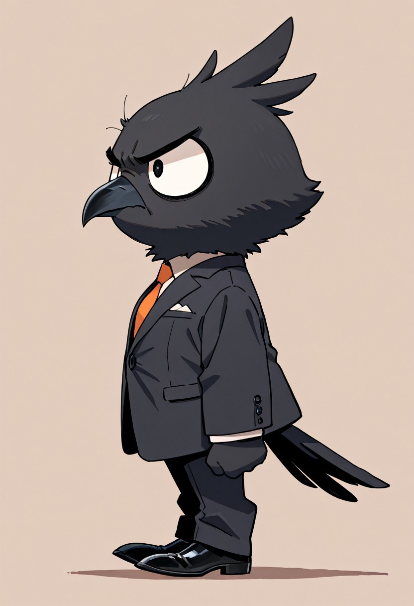 masterpiece, best quality, simple illustration, 1crow, full body,  huge eyes, loocking away, side view, cartoon, no human,  grumpy, fluffy, small, cute, wearing a suit