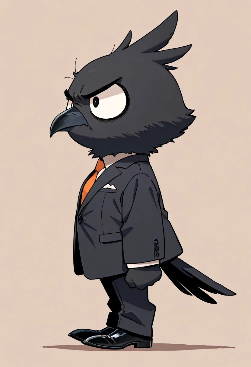 masterpiece, best quality, simple illustration, 1crow, full body, huge eyes, loocking away, side view, cartoon, no human, grumpy, fluffy, small, cute, wearing a suit